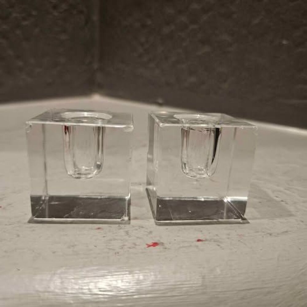 Pair of Clear Glass Ice Cube Candle Holders Minor Imperfections Candle Sticks